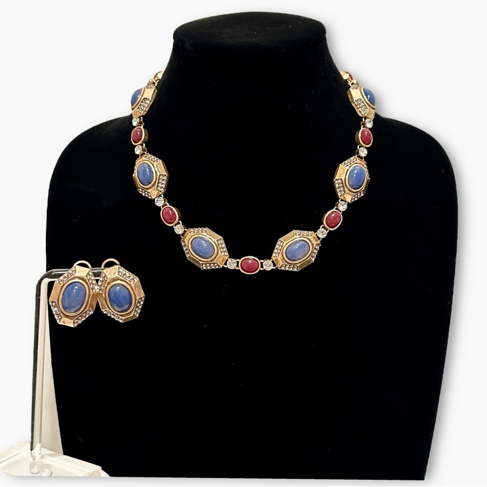 NEIMAN MARCUS | Vintage-Inspired Red & Blue Cabochon Necklace/Earring Set | NWOT - Picture 1 of 10